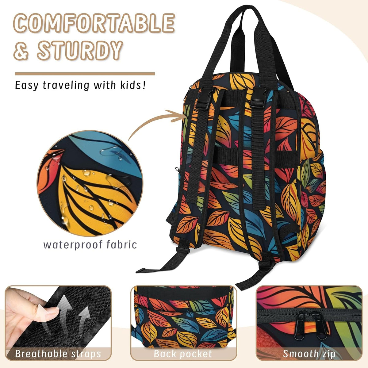 Colourful Leaves Diaper Bag Backpack for Travel, Waterproof Diaper Bag with Insulated Bottle Pockets & USB Port, Large Capacity Baby Bag for Moms & Dads