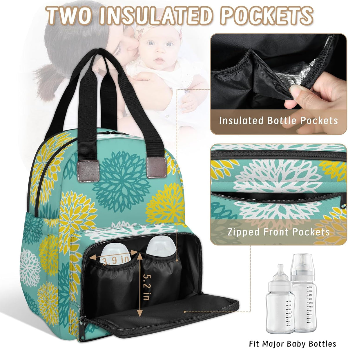 Colourful Leaves Diaper Bag Backpack for Travel, Waterproof Diaper Bag with Insulated Bottle Pockets & USB Port, Large Capacity Baby Bag for Moms & Dads