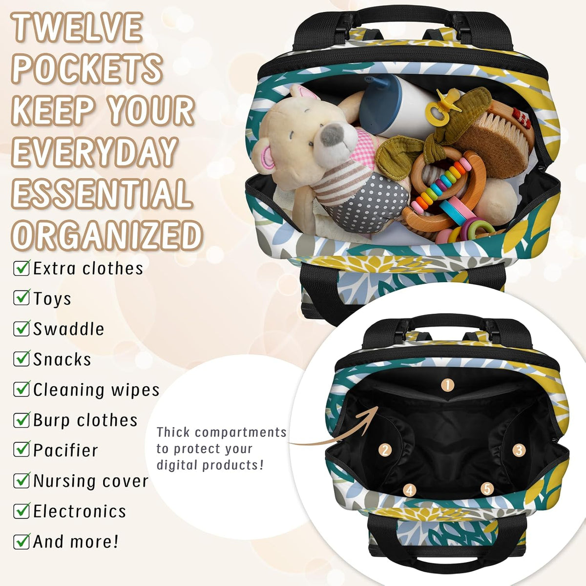 Colourful Leaves Diaper Bag Backpack for Travel, Waterproof Diaper Bag with Insulated Bottle Pockets & USB Port, Large Capacity Baby Bag for Moms & Dads