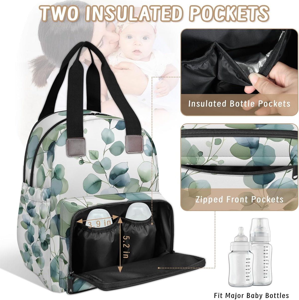Colourful Leaves Diaper Bag Backpack for Travel, Waterproof Diaper Bag with Insulated Bottle Pockets & USB Port, Large Capacity Baby Bag for Moms & Dads