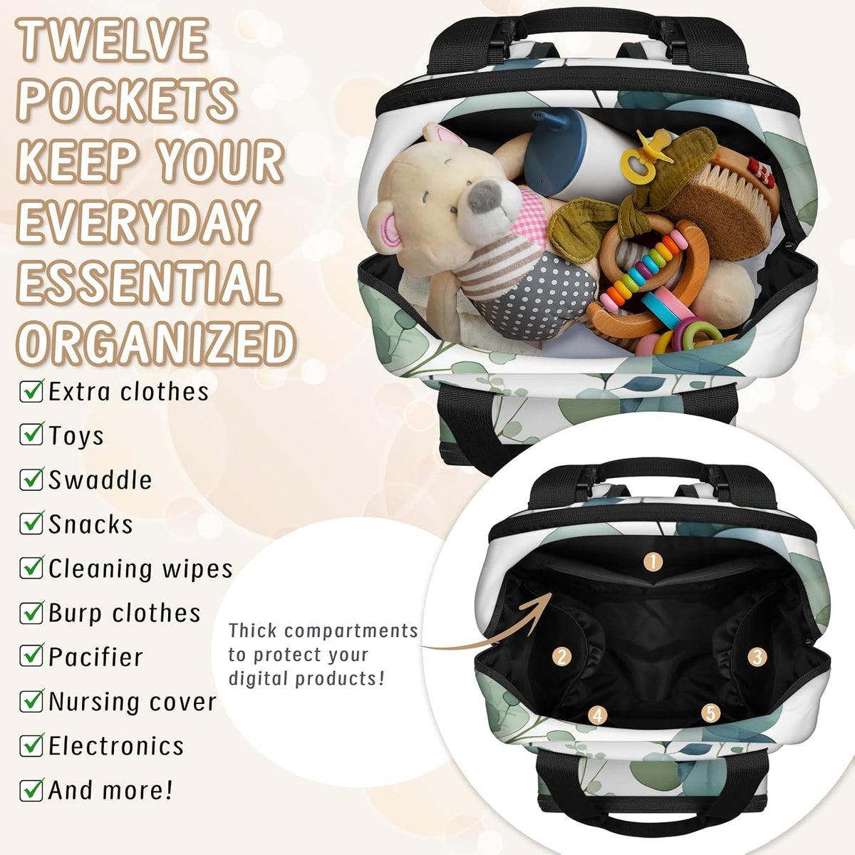 Colourful Leaves Diaper Bag Backpack for Travel, Waterproof Diaper Bag with Insulated Bottle Pockets & USB Port, Large Capacity Baby Bag for Moms & Dads