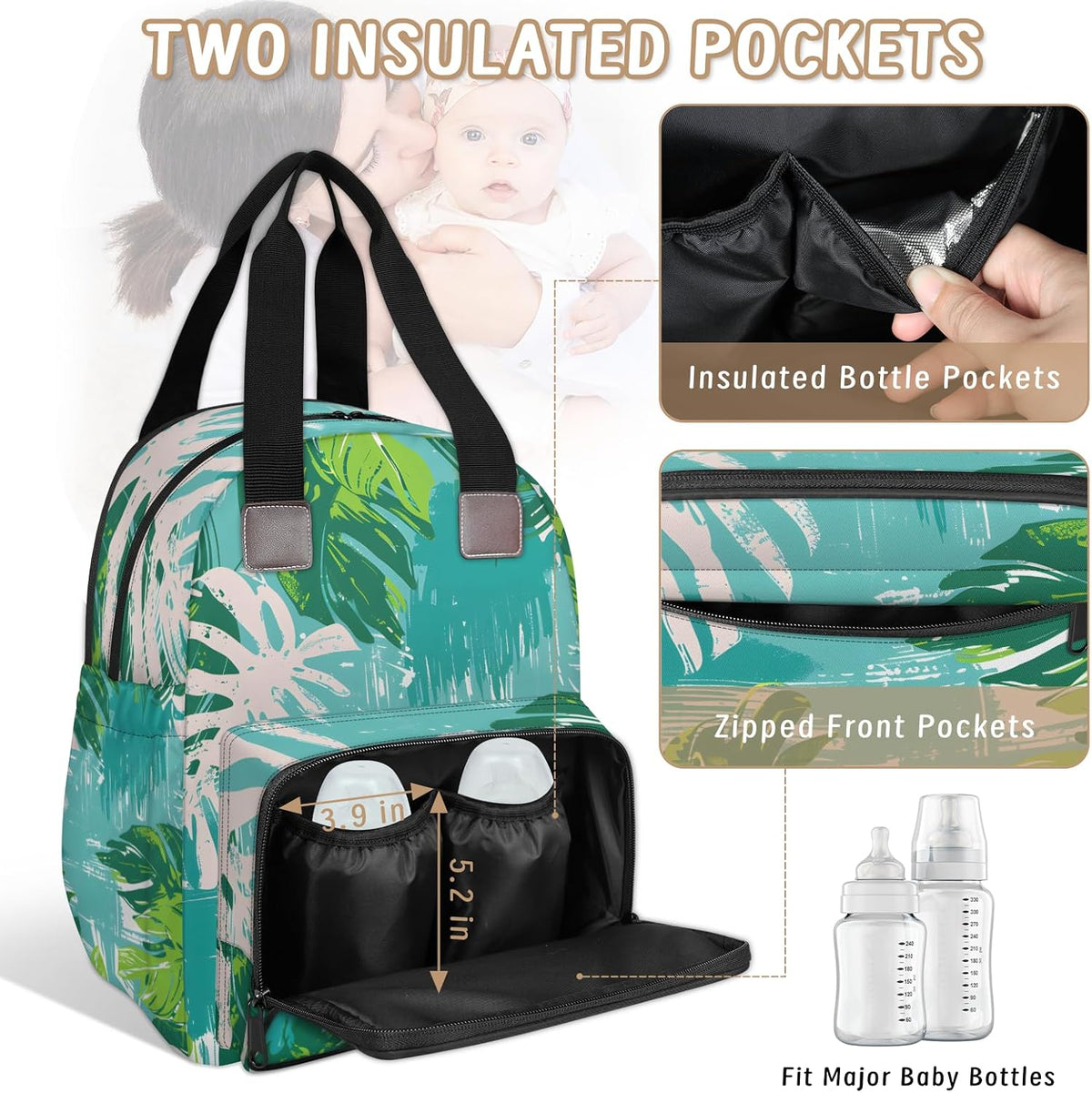 Colourful Leaves Diaper Bag Backpack for Travel, Waterproof Diaper Bag with Insulated Bottle Pockets & USB Port, Large Capacity Baby Bag for Moms & Dads