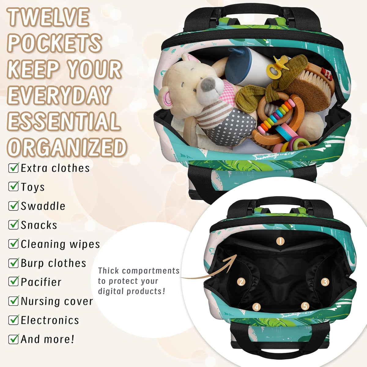 Colourful Leaves Diaper Bag Backpack for Travel, Waterproof Diaper Bag with Insulated Bottle Pockets & USB Port, Large Capacity Baby Bag for Moms & Dads
