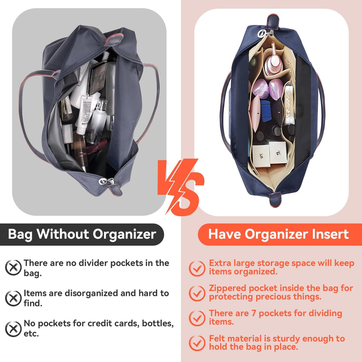Felt Purse Organizer Insert Tote Organizers for Longchamp Divider Pocket & Zipper Inner Bag Liner fit Large, Navy Blue