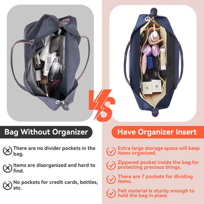 Felt Purse Organizer Insert Tote Organizers for Longchamp Divider Pocket & Zipper Inner Bag Liner fit Large, Navy Blue