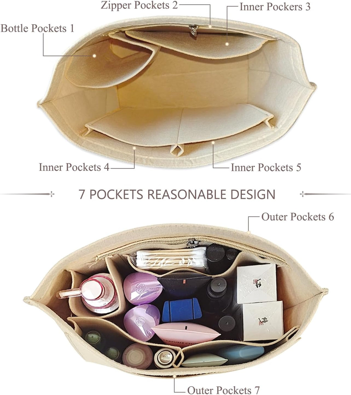 Felt Purse Organizer Insert Tote Organizers for Longchamp Divider Pocket & Zipper Inner Bag Liner fit Large, Navy Blue