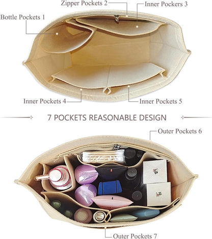 Felt Purse Organizer Insert Tote Organizers for Longchamp Divider Pocket & Zipper Inner Bag Liner fit Large, Navy Blue