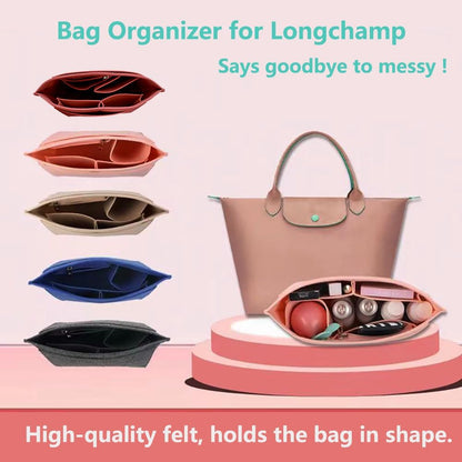 Felt Purse Organizer Insert Tote Organizers for Longchamp Divider Pocket & Zipper Inner Bag Liner fit Large, Navy Blue