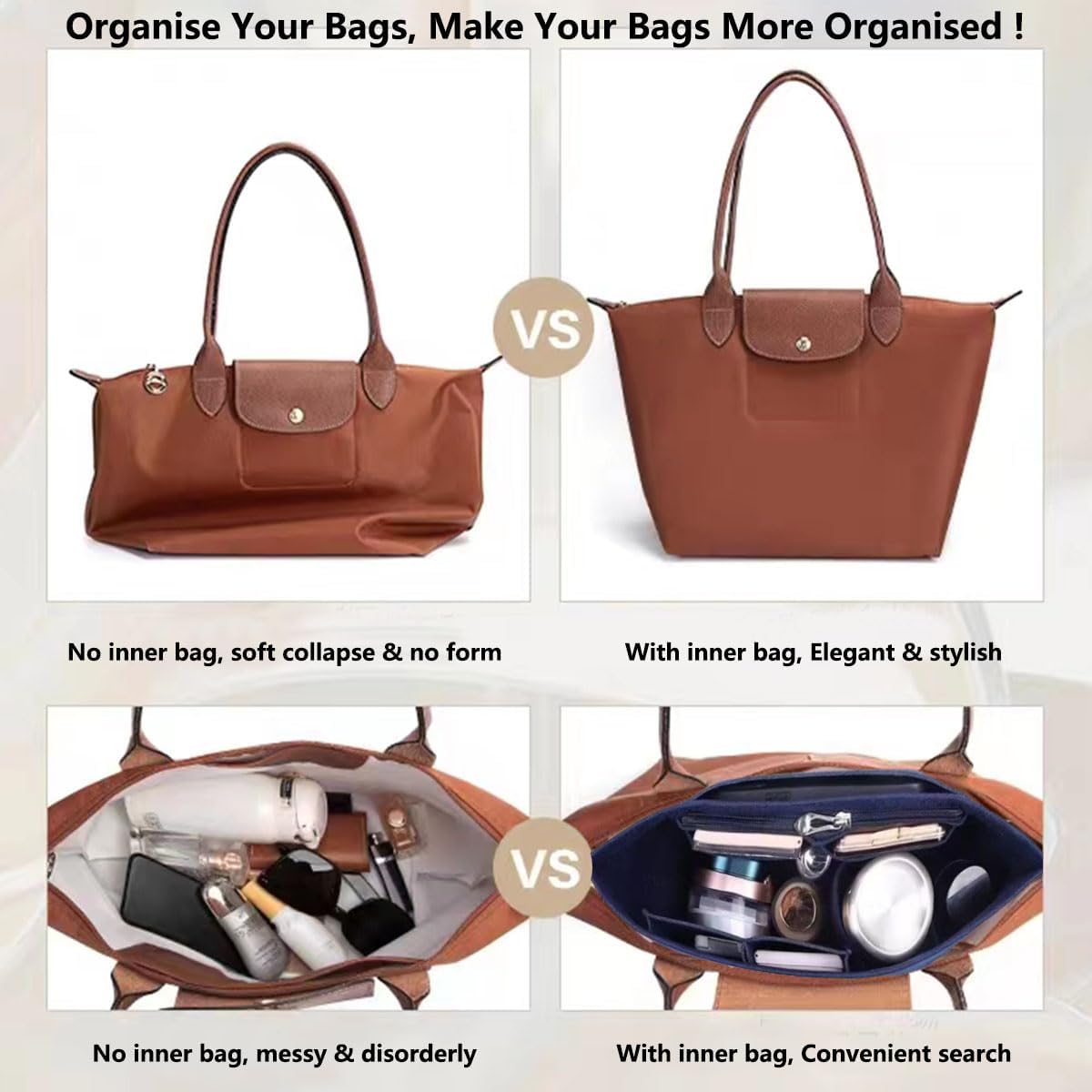 Felt Purse Organizer Insert Tote Organizers for Longchamp Divider Pocket & Zipper Inner Bag Liner fit Large, Navy Blue