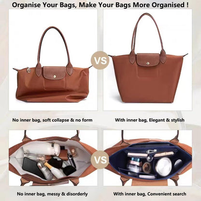 Felt Purse Organizer Insert Tote Organizers for Longchamp Divider Pocket & Zipper Inner Bag Liner fit Large, Navy Blue