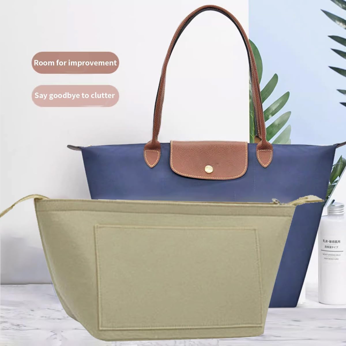 Felt Purse Organizer Insert Tote Organizers for Longchamp Divider Pocket & Zipper Inner Bag Liner fit Large, Navy Blue