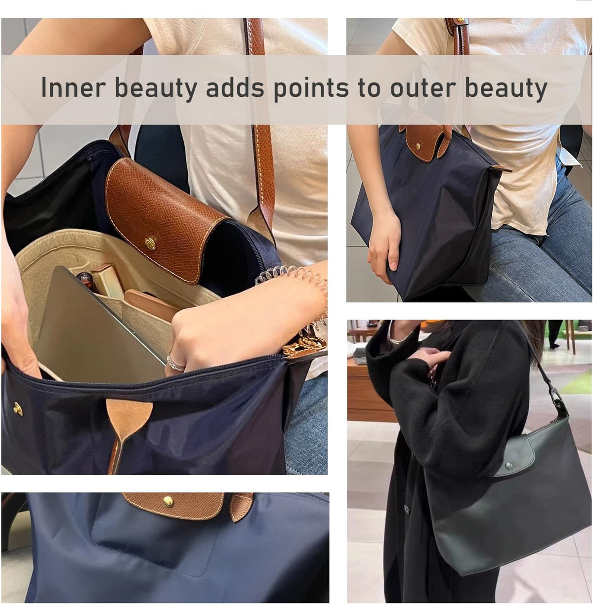 Felt Purse Organizer Insert Tote Organizers for Longchamp Divider Pocket & Zipper Inner Bag Liner fit Large, Navy Blue
