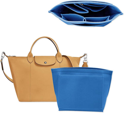 Felt Purse Organizer Insert Tote Organizers for Longchamp Divider Pocket & Zipper Inner Bag Liner fit Large, Navy Blue