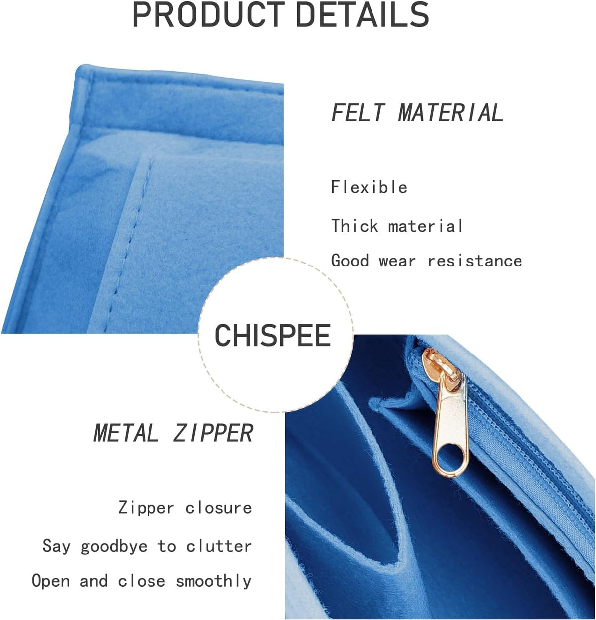 Felt Purse Organizer Insert Tote Organizers for Longchamp Divider Pocket & Zipper Inner Bag Liner fit Large, Navy Blue