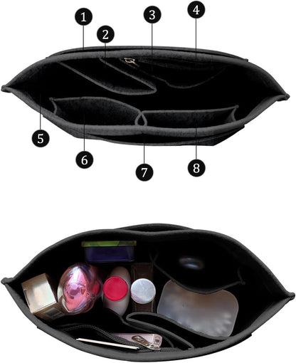 Felt Purse Organizer Insert Tote Organizers for Longchamp Divider Pocket & Zipper Inner Bag Liner fit Large, Navy Blue