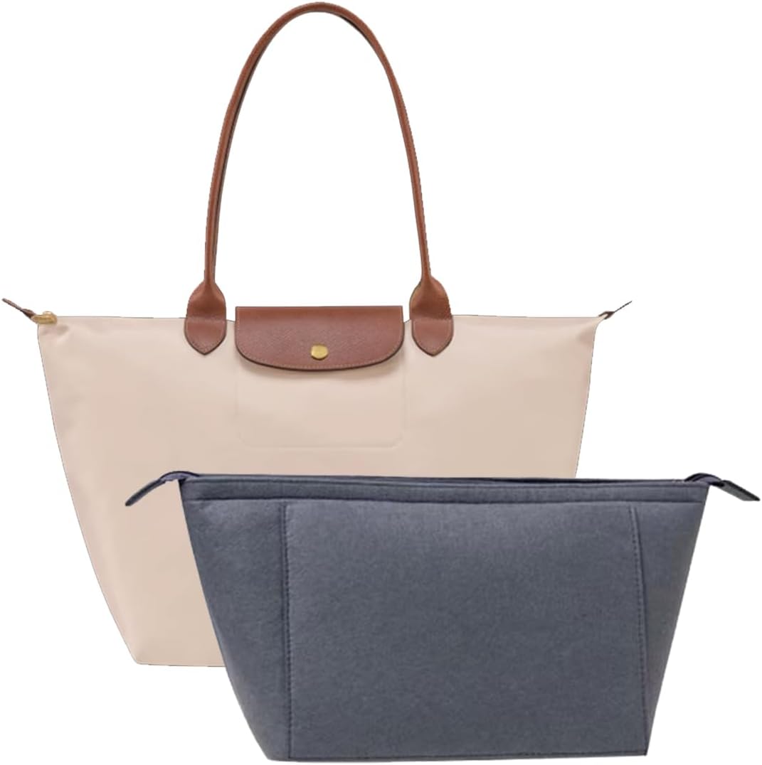 Felt Purse Organizer Insert Tote Organizers for Longchamp Divider Pocket & Zipper Inner Bag Liner fit Large, Navy Blue