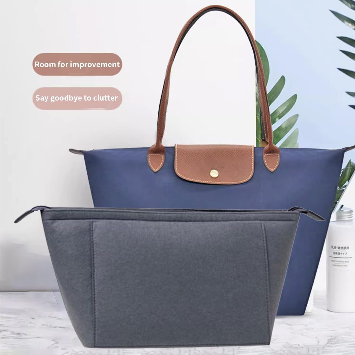 Felt Purse Organizer Insert Tote Organizers for Longchamp Divider Pocket & Zipper Inner Bag Liner fit Large, Navy Blue