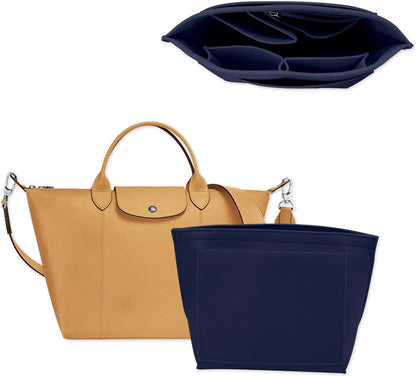 Felt Purse Organizer Insert Tote Organizers for Longchamp Divider Pocket & Zipper Inner Bag Liner fit Large, Navy Blue