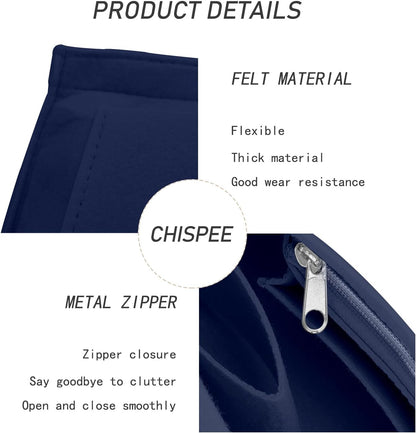 Felt Purse Organizer Insert Tote Organizers for Longchamp Divider Pocket & Zipper Inner Bag Liner fit Large, Navy Blue