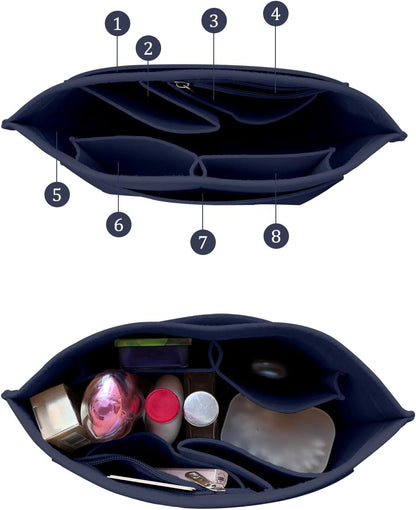 Felt Purse Organizer Insert Tote Organizers for Longchamp Divider Pocket & Zipper Inner Bag Liner fit Large, Navy Blue