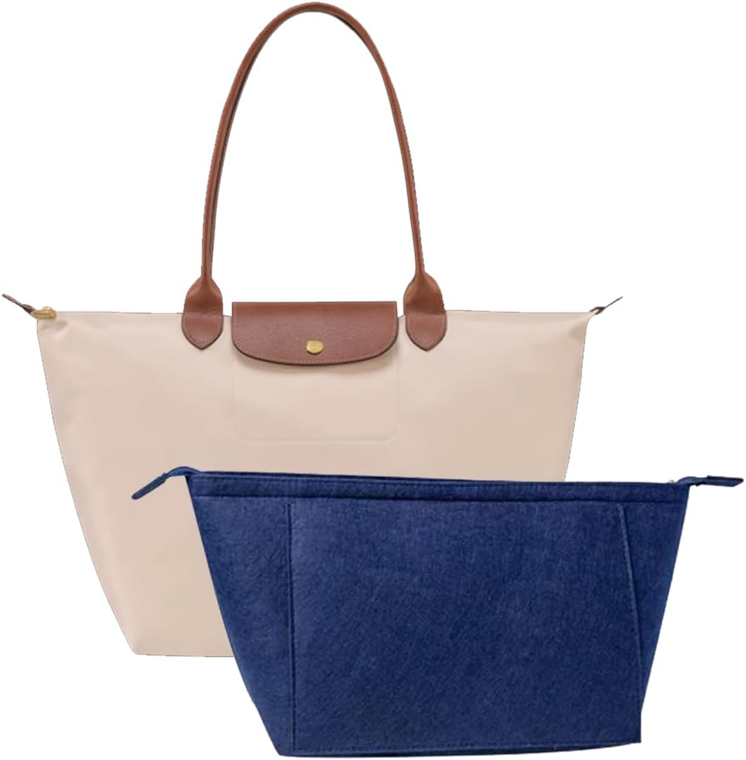 Felt Purse Organizer Insert Tote Organizers for Longchamp Divider Pocket & Zipper Inner Bag Liner fit Large, Navy Blue