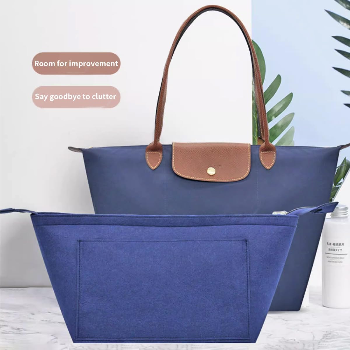 Felt Purse Organizer Insert Tote Organizers for Longchamp Divider Pocket & Zipper Inner Bag Liner fit Large, Navy Blue