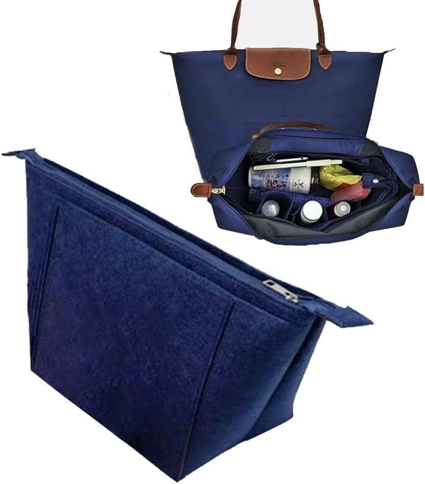 Felt Purse Organizer Insert Tote Organizers for Longchamp Divider Pocket & Zipper Inner Bag Liner fit Large, Navy Blue