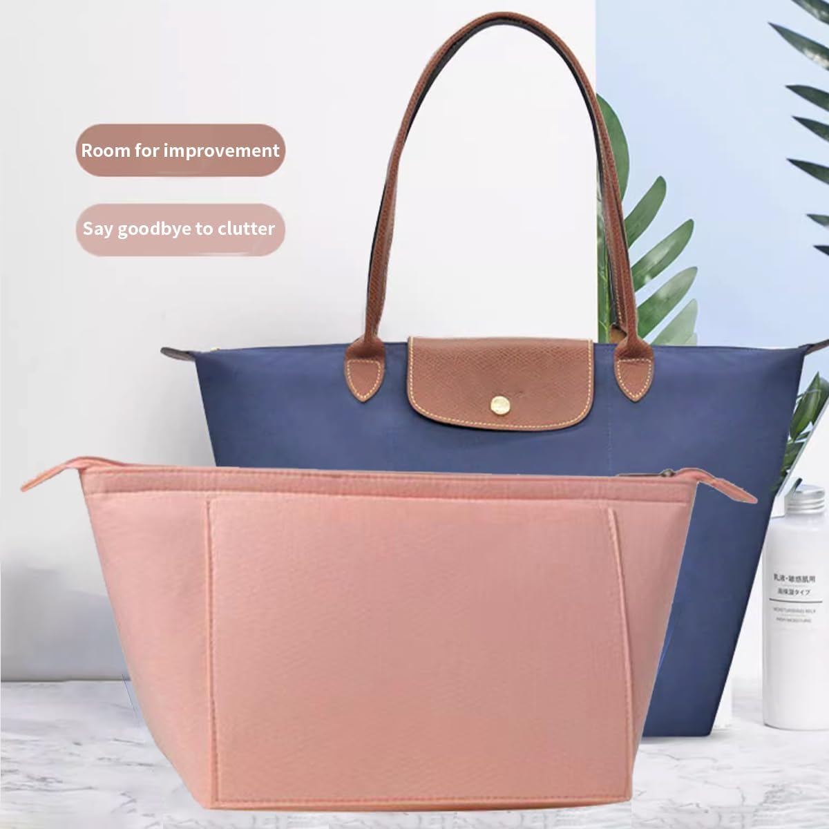 Felt Purse Organizer Insert Tote Organizers for Longchamp Divider Pocket & Zipper Inner Bag Liner fit Large, Navy Blue