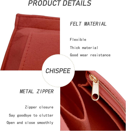 Felt Purse Organizer Insert Tote Organizers for Longchamp Divider Pocket & Zipper Inner Bag Liner fit Large, Navy Blue