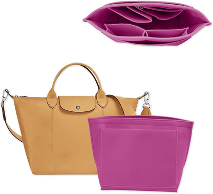 Felt Purse Organizer Insert Tote Organizers for Longchamp Divider Pocket & Zipper Inner Bag Liner fit Large, Navy Blue