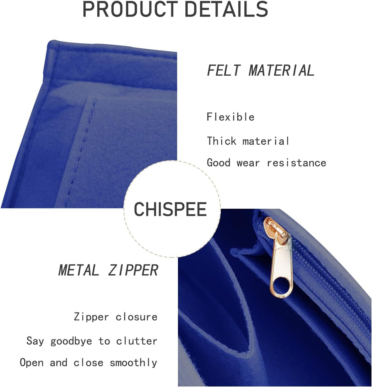 Felt Purse Organizer Insert Tote Organizers for Longchamp Divider Pocket & Zipper Inner Bag Liner fit Large, Navy Blue