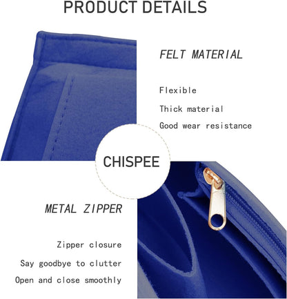 Felt Purse Organizer Insert Tote Organizers for Longchamp Divider Pocket & Zipper Inner Bag Liner fit Large, Navy Blue