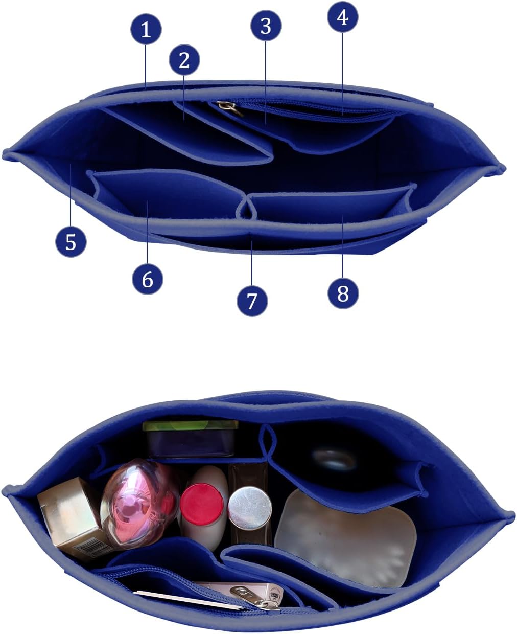 Felt Purse Organizer Insert Tote Organizers for Longchamp Divider Pocket & Zipper Inner Bag Liner fit Large, Navy Blue