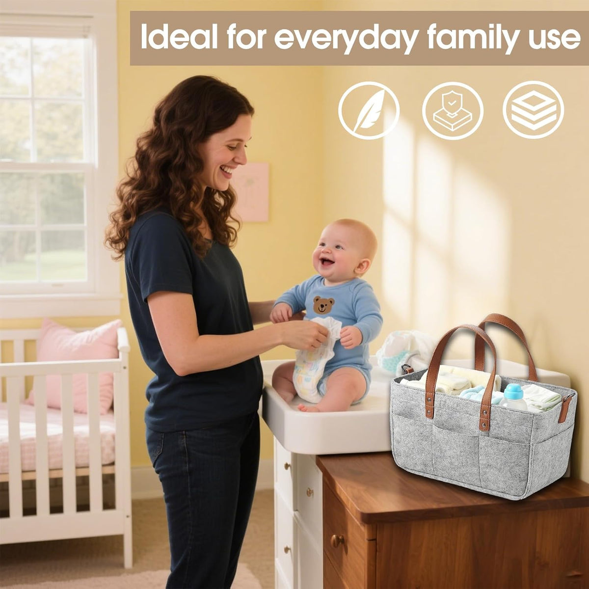 Baby Diaper Caddy, Nursery Storage Basket for Newborn & Baby‑Shower Gifts