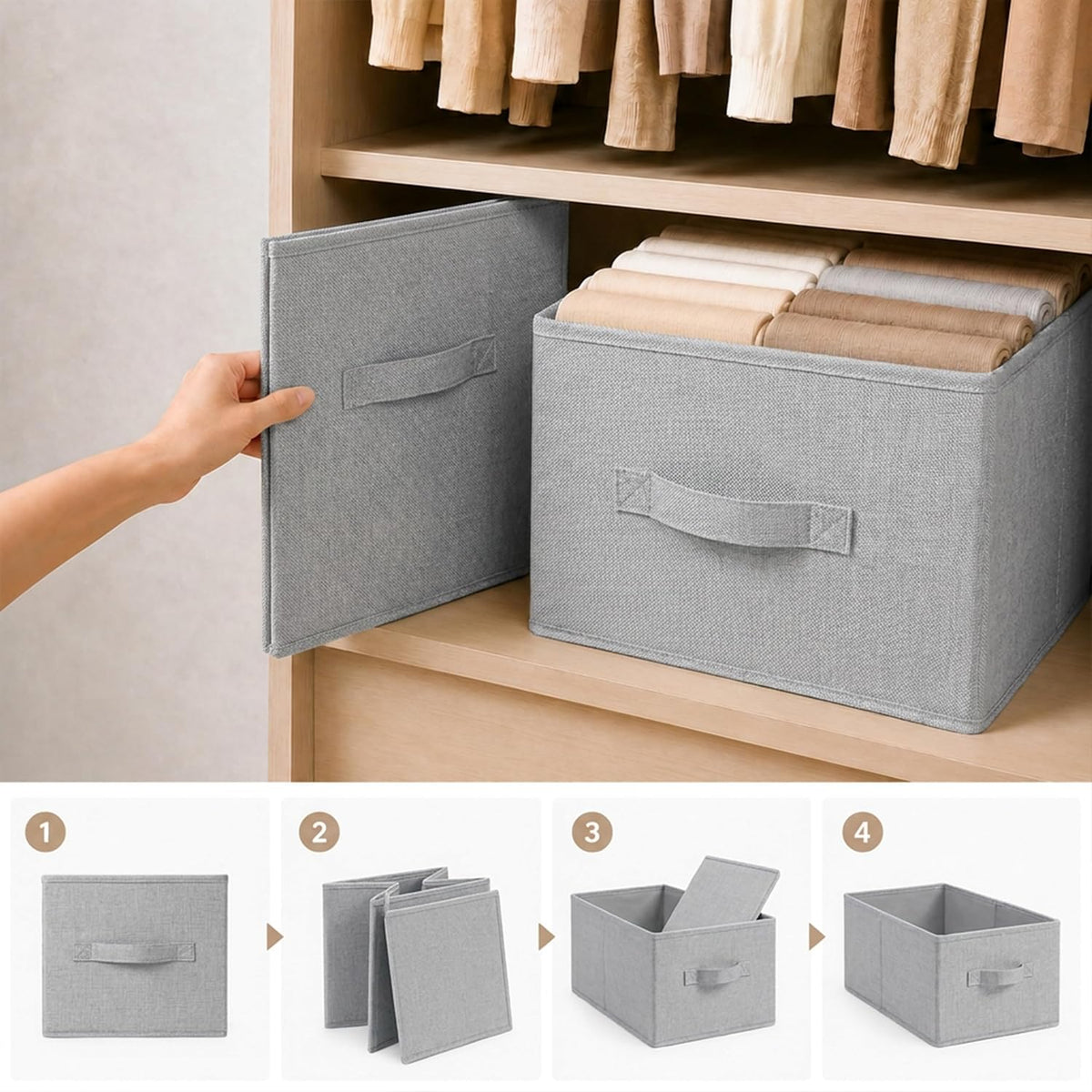 3-Pack Closet Storage Bins, Foldable Fabric Storage Baskets, Beige