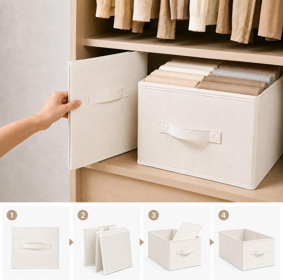 3-Pack Closet Storage Bins, Foldable Fabric Storage Baskets, Beige