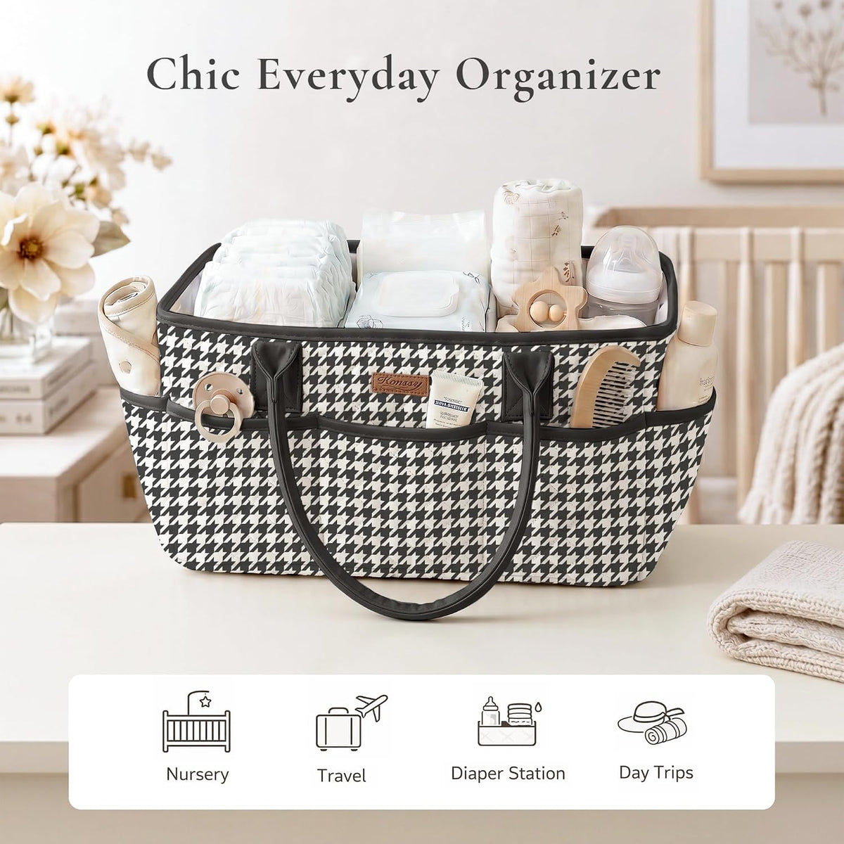 Baby Diaper Caddy Organizer, Floral Design with PU Leather Handles