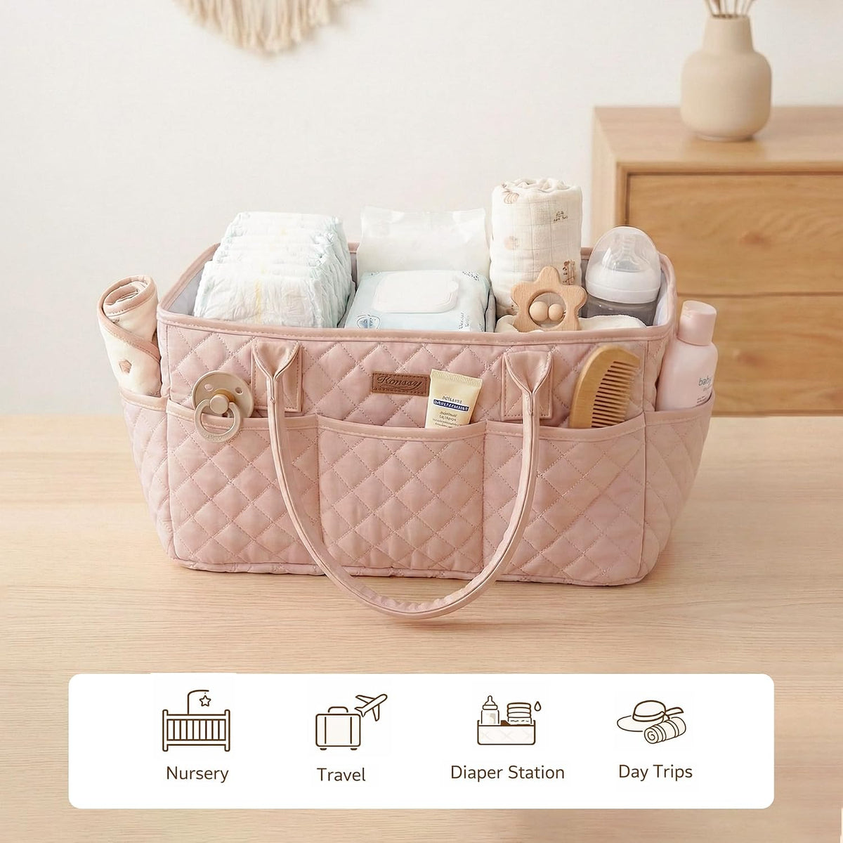 Baby Diaper Caddy Organizer, Floral Design with PU Leather Handles