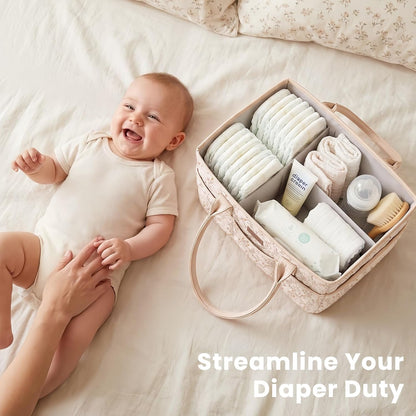 Baby Diaper Caddy Organizer, Floral Design with PU Leather Handles