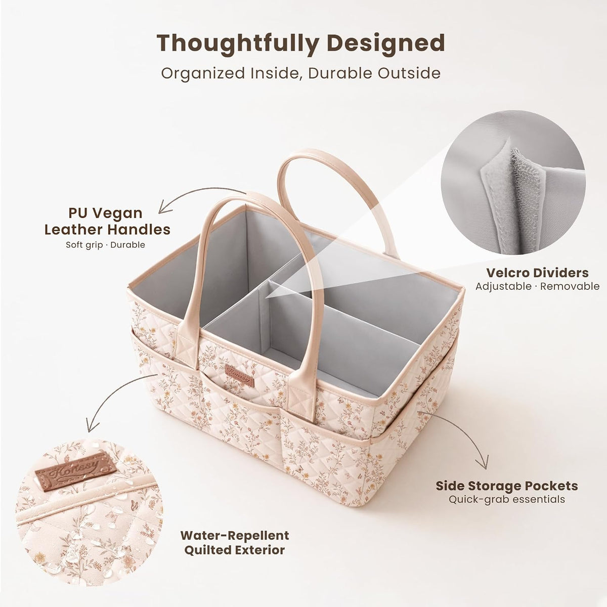 Baby Diaper Caddy Organizer, Floral Design with PU Leather Handles