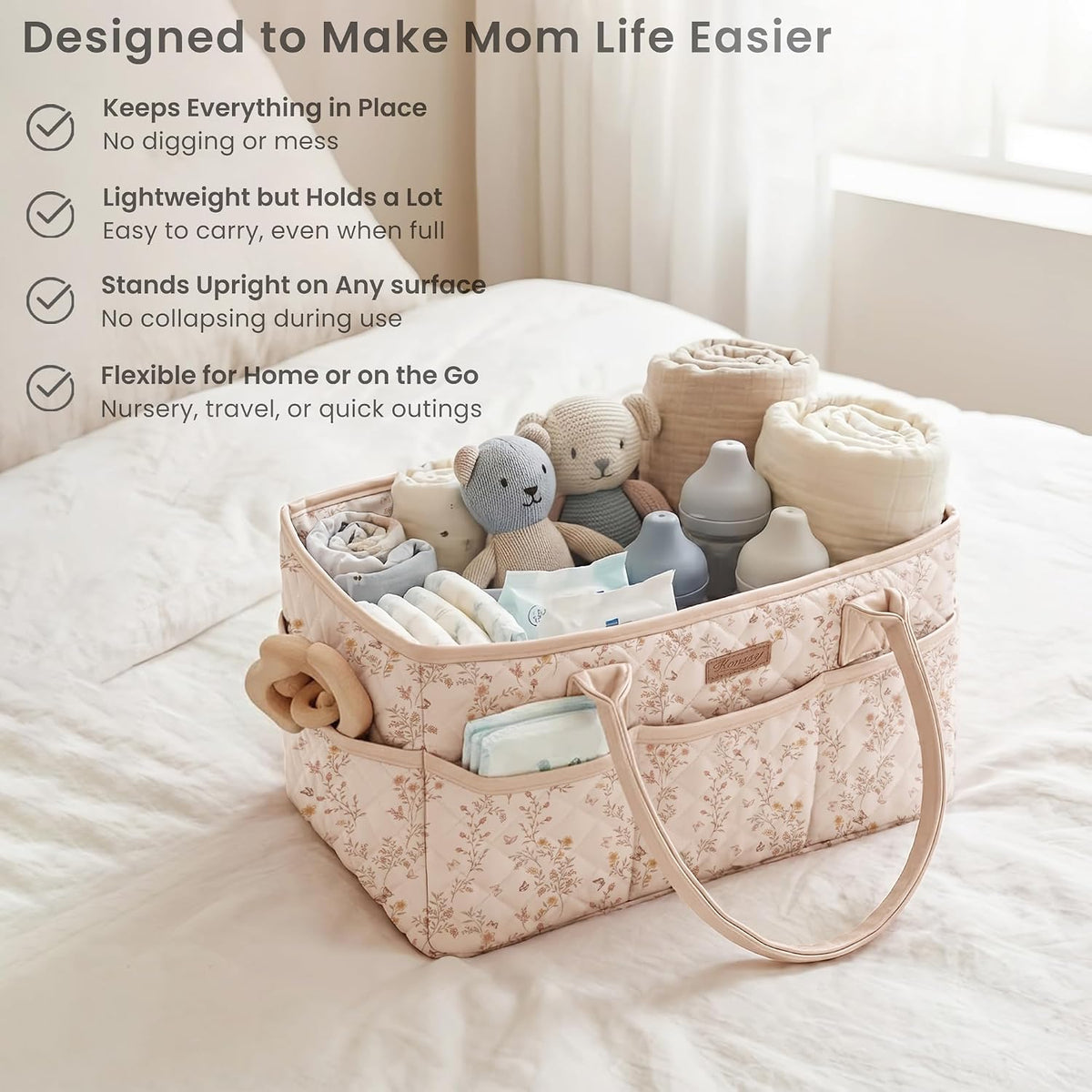 Baby Diaper Caddy Organizer, Floral Design with PU Leather Handles