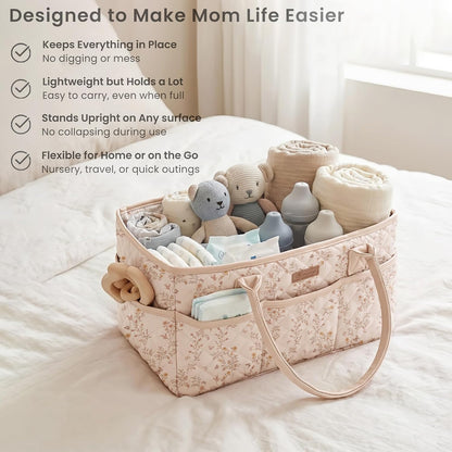 Baby Diaper Caddy Organizer, Floral Design with PU Leather Handles