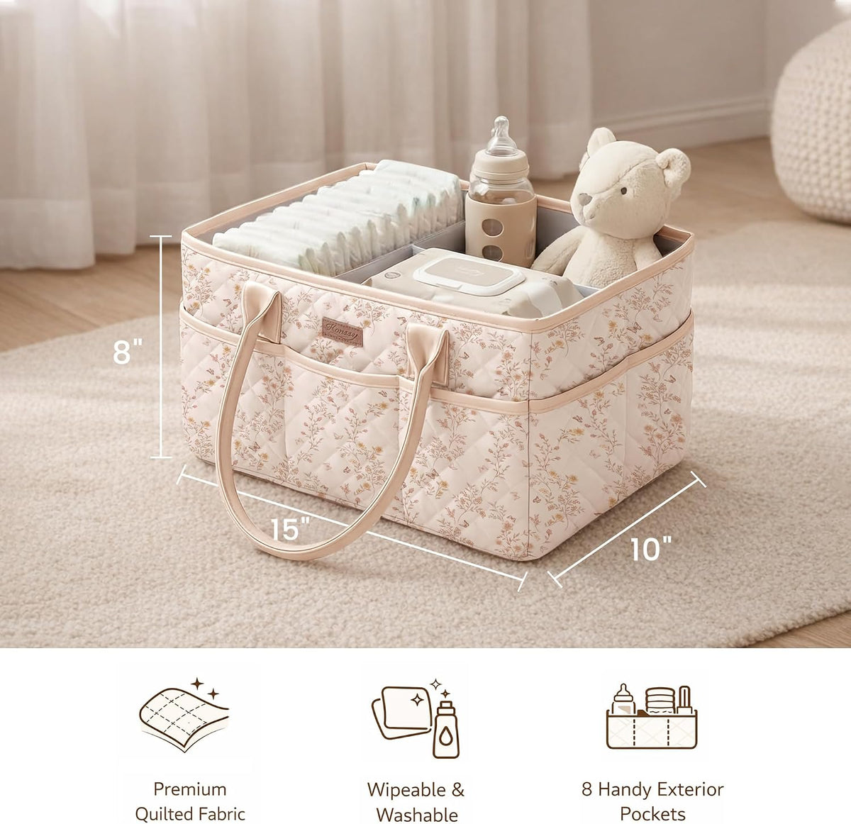 Baby Diaper Caddy Organizer, Floral Design with PU Leather Handles