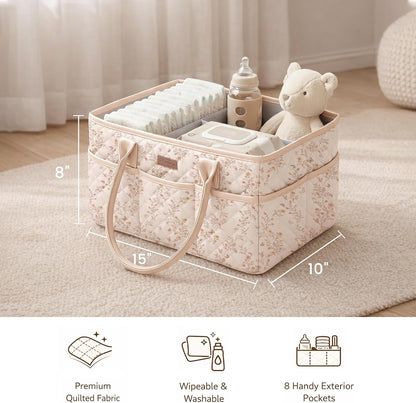 Baby Diaper Caddy Organizer, Floral Design with PU Leather Handles