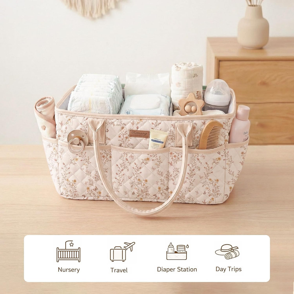 Baby Diaper Caddy Organizer, Floral Design with PU Leather Handles