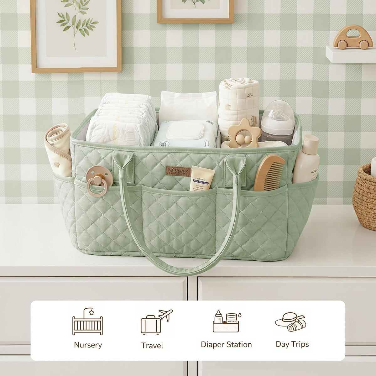 Baby Diaper Caddy Organizer, Floral Design with PU Leather Handles