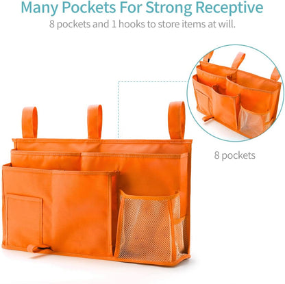 Bunk Bed Organizer, Bedside Caddy Hanging Bed Organizer Storage Bag 8 Pockets, for College Dorm Rooms Bed, Hospital Bed, Baby Bed Rails, 600D Oxford Cloth (Orange)
