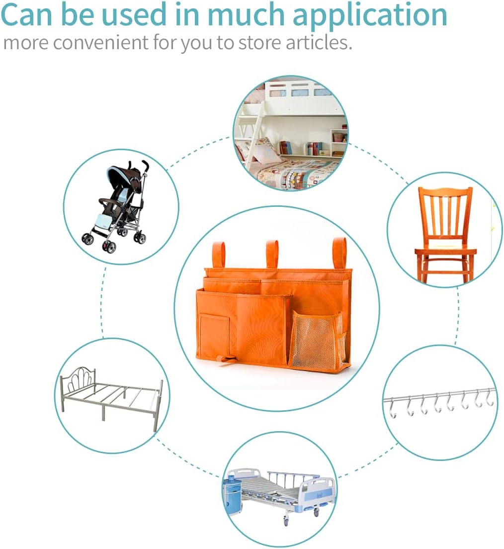 Bunk Bed Organizer, Bedside Caddy Hanging Bed Organizer Storage Bag 8 Pockets, for College Dorm Rooms Bed, Hospital Bed, Baby Bed Rails, 600D Oxford Cloth (Orange)