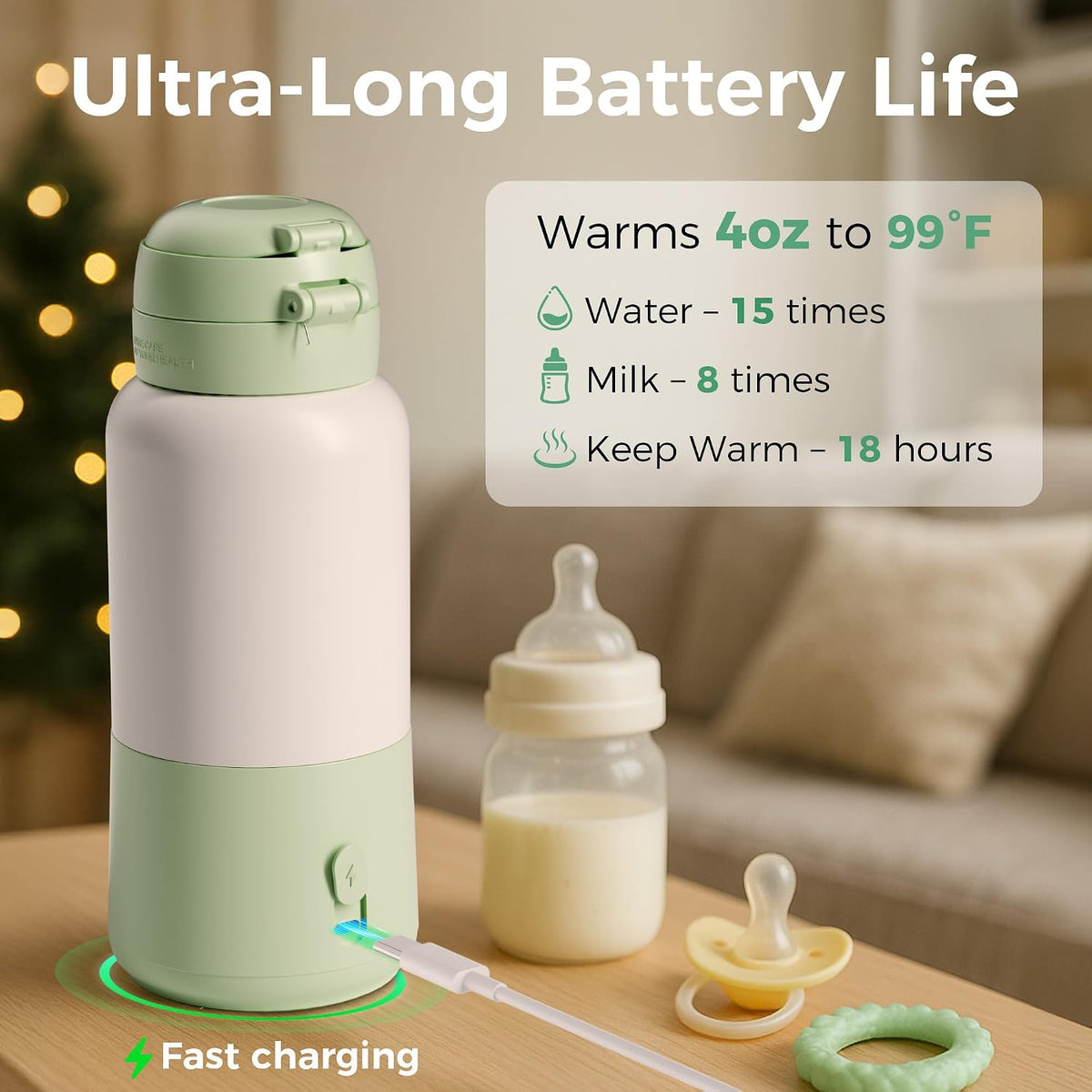 Portable Bottle Warmer for Travel, 15oz Capacity Baby Bottle Warmer with Fast Heating, 12000mAh Battery & Fast Charger, Pasteurization for Hygiene, Precise Temp Control, Leak-Proof