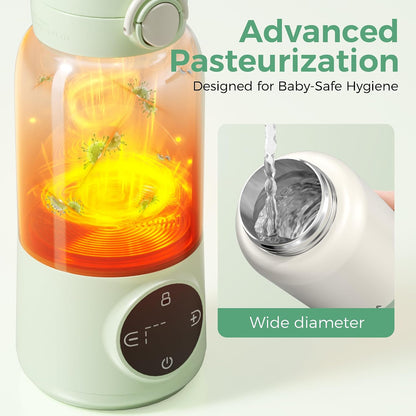 Portable Bottle Warmer for Travel, 15oz Capacity Baby Bottle Warmer with Fast Heating, 12000mAh Battery & Fast Charger, Pasteurization for Hygiene, Precise Temp Control, Leak-Proof